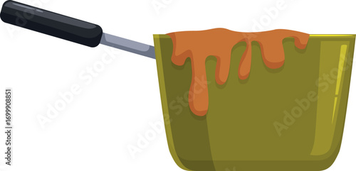 Green cooking pot with tomato sauce dripping from its sides, ready to be served