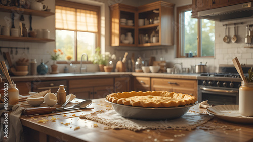 A warm and inviting kitchen scene with a cozy atmosphere, utensils and ingredients laid out, and a half-baked pie on the counter, evoking feelings of family bonding.
