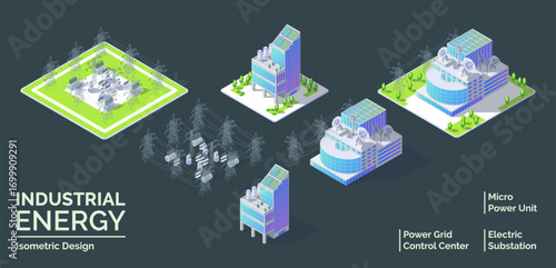 Cartoon Power Grid Control Center, Micro Power Unit and Electric Substation with Separate Set Industrial Energy Building Concept 3d Isometric. Vector illustration