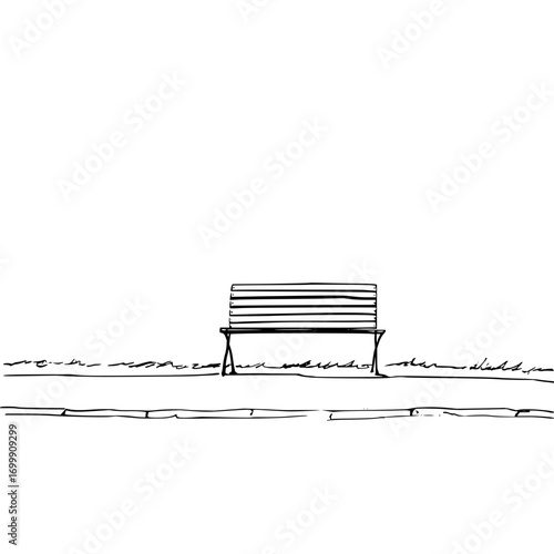 Illustration of park bench outdoor seating black and white drawing simple design street furniture public space sketch