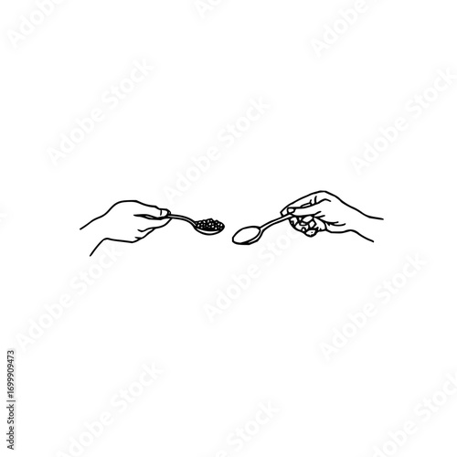 Spoon feeding hands line art minimalist black and white sharing food giving taking simple design illustration vector