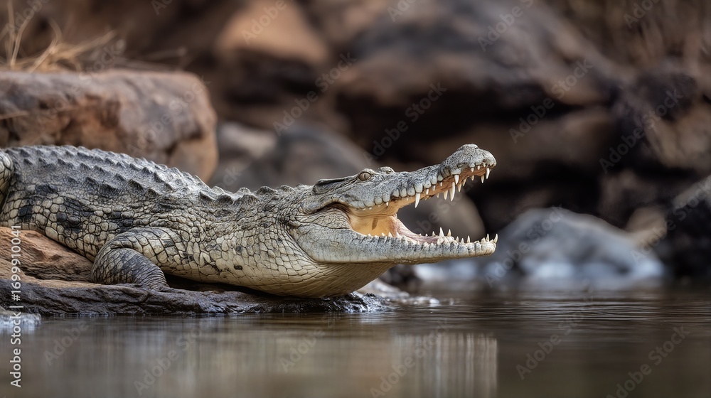 Naklejka premium a mugger crocodile displays its impressive teeth while basking on a rocky bank beside a still body of water.