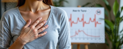 Wallpaper Mural a woman holding her chest beside palpitations chart, symbolic cardiovascular symptoms of decreased estrogen, realistic lifestyle photography soft daylight natural tones. Torontodigital.ca