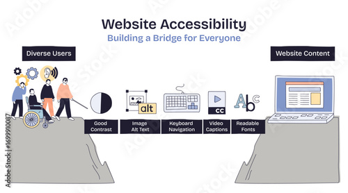 Website accessibility bridges diverse users and website content using icons like wheelchair, keyboard, and laptop. Doodle style diagram