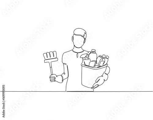 Continuous line drawing of man cleaner holding bucket cleaning supplies. Single line illustration of cleaning worker. Cleaning service, cleaner tool concept. Editable outline