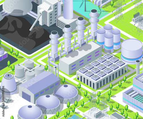 Cartoon Color Industrial Energy Building with Gas Thermal Power Plant Object Card Background 3d Isometric View. Vector illustration