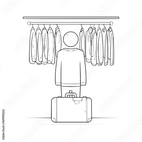 Illustration of closet wardrobe with clothes hanging on rack and person with suitcase for travel plan trip