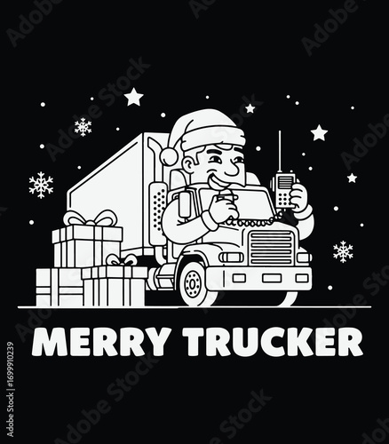 Merry Trucker – Christmas Semi Truck Driver with Gifts Line Art