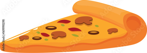 Tasty pizza slice with melted cheese, mushrooms, and bell peppers, creating a mouthwatering visual