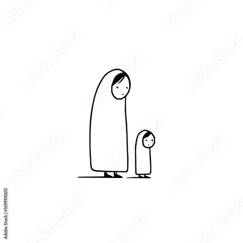 Minimalist mother child drawing illustration simple art family love monochrome hooded figures outline design sketch