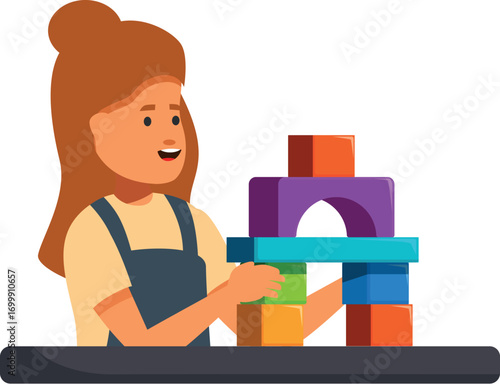 Cheerful preschool girl stacking colorful toy blocks, developing fine motor skills and creativity through playful learning
