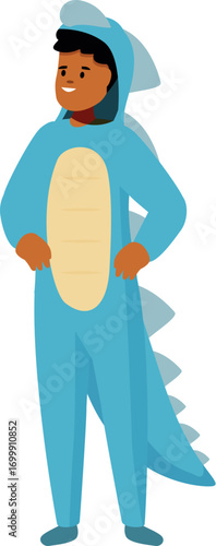 Smiling child wearing a blue dinosaur costume, getting ready for a halloween party or carnival celebration