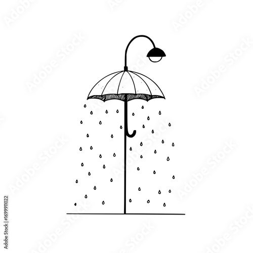 Umbrella rain lamp post weather protection sketch drawing illustration vector art design graphic raindrop concept