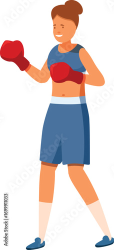Young woman boxer wearing red boxing gloves is training and preparing for competition or practicing her fighting skills