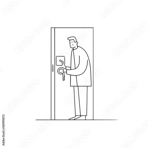 Man opening door with key security access control privacy entrance home safety lock unlock protection system