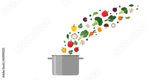 Healthy ingredients flying into cooking pot making delicious food