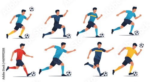 Dynamic football players kicking and dribbling the ball in action
