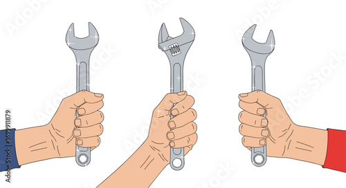 Three hands holding wrenches ready for industrial work and repair