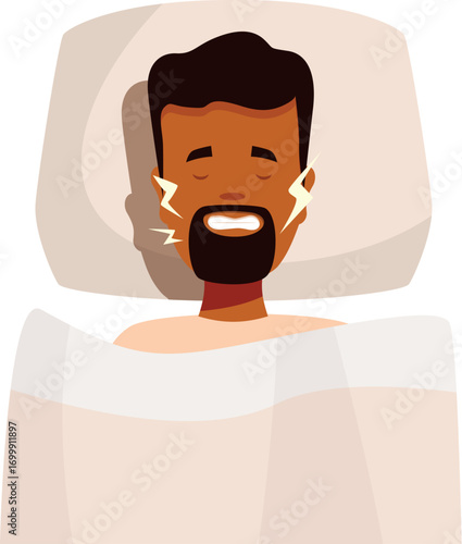 Man suffering from bruxism grinding teeth while sleeping, teeth grinding problem concept