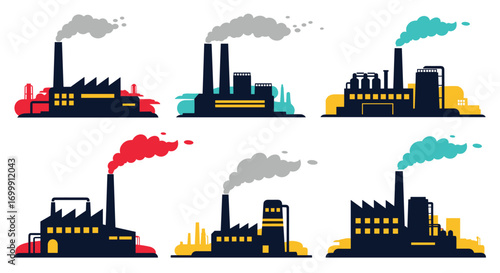 Industrial factory buildings with smoking chimneys and pollution emitting into the atmosphere
