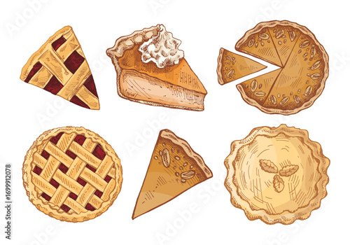 Hand drawn vintage sketch of assorted holiday pies with pumpkin tart, lattice cherry pie, whipped cream slice illustration