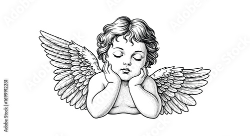 Adorable cherub angel with eyes closed in peaceful slumber and delicate wings spread wide