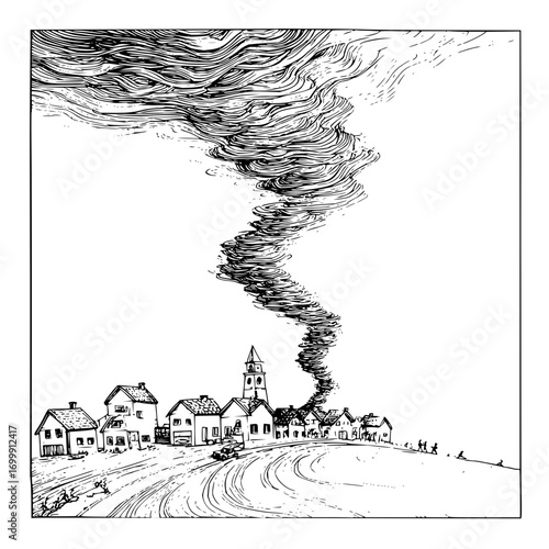 Tornado disaster illustration ink drawing black and white weather storm damage destruction village rural scene art