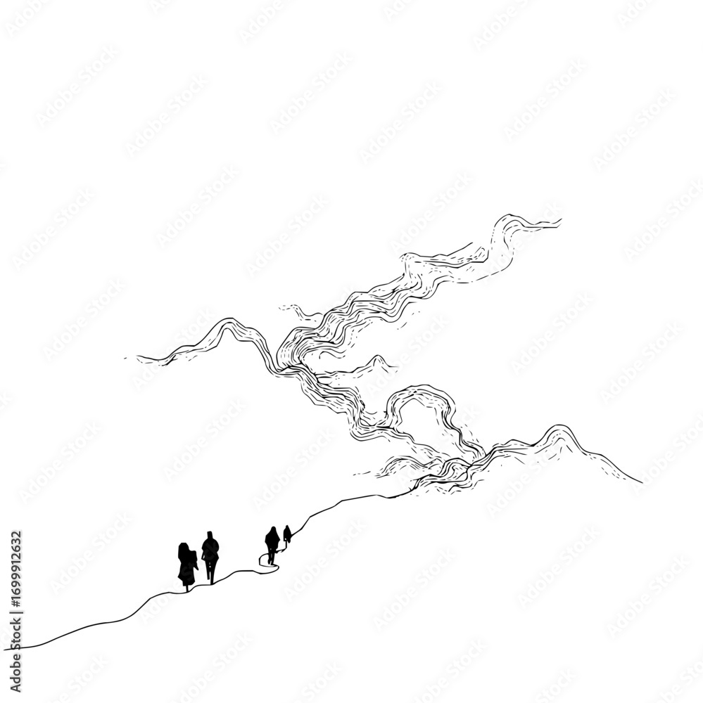 Obraz premium Silhouette people walking path mountain landscape drawing sketch artwork illustration nature outdoor adventure journey