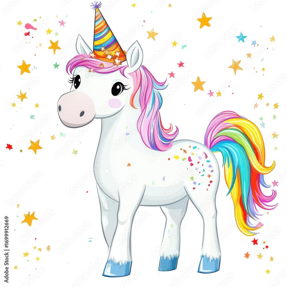 Fototapeta premium A cheerful rainbow unicorn celebrating with colorful confetti and a party hat.