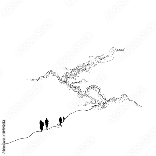 Silhouette people walking path mountain landscape drawing sketch artwork illustration nature outdoor adventure journey