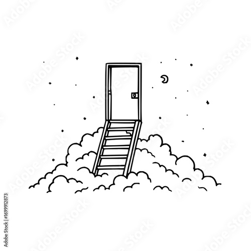 Doorway to heaven clouds and stairs dreamscape fantasy illustration surreal escape stairway to sky concept art