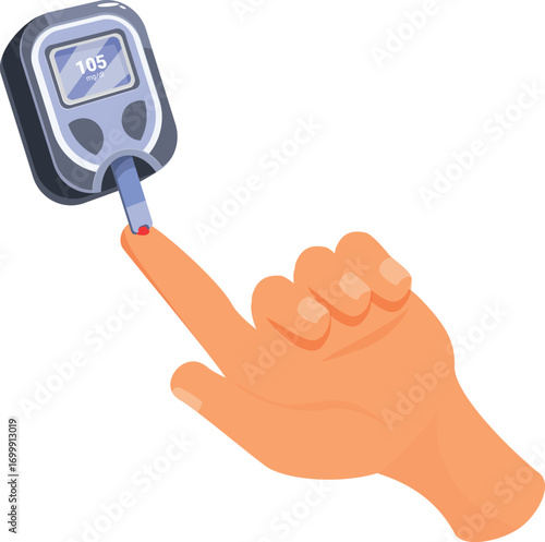 Hand using portable glucometer device for measuring blood glucose level, showing a value of 105 mgdl