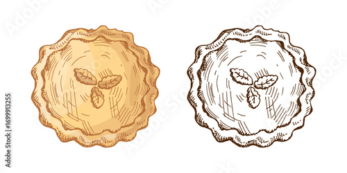 Hand drawn vintage sketch set of whole baked pies with decorative crust in color and monochrome illustration