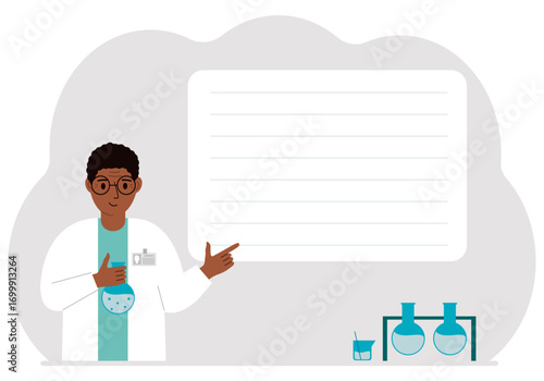 Male scientist with flasks. Experimental scientist, laboratory assistant, biochemistry, chemical, scientific research.