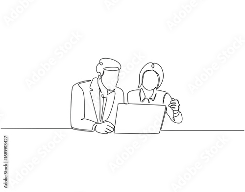 Continuous line drawing of office worker doing discussion. Single line illustration of two coworker discussion. Business concept. Editable outline