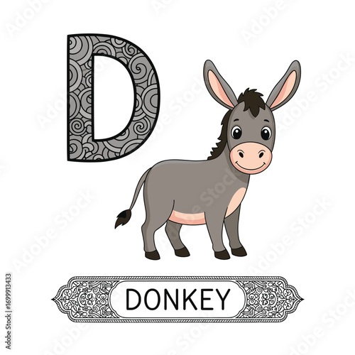 Adorable donkey illustration for educational purposes and animal alphabet learning activities