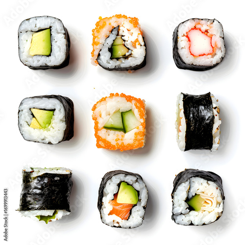 Variety of Maki Sushi Rolls on White Background