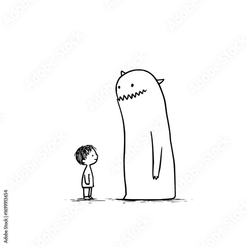 A small child looks up at a tall monster with horns and a jagged mouth in a black and white drawing style