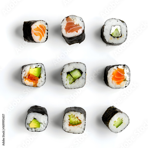 Delicious Assortment of Maki Sushi Rolls on White Backdrop