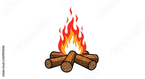 Cozy campfire scene with burning logs and flames illustration