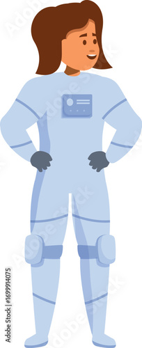 Young woman astronaut wearing spacesuit standing confidently with hands on hips, ready for spacewalk or mission