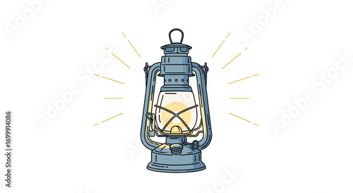 Antique kerosene lantern emitting a warm glowing light on a white background