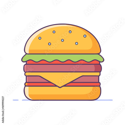 Cartoon depiction of a delicious cheeseburger with various layers of goodness