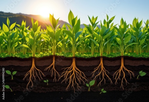 Wallpaper Mural a ginseng field under bright morning sun, tall green leaves glowing, roots underground symbolized by cutaway view, natural cultivation, connection to blood pressure herbal support. Torontodigital.ca