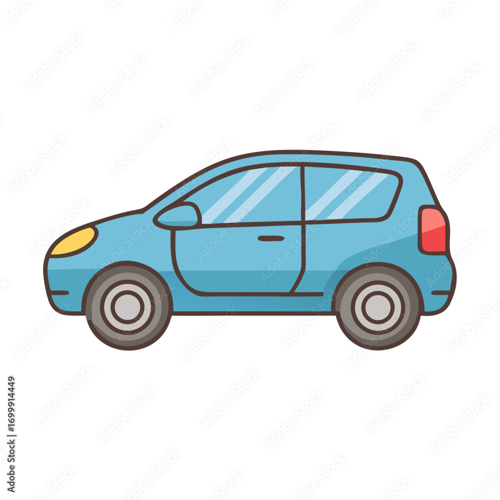 Fototapeta premium Cartoon style light blue compact car facing left on a white background