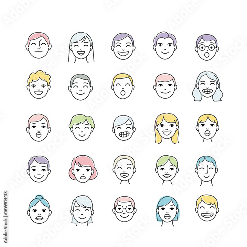 A collection of diverse cartoon faces expressing various emotions and styles
