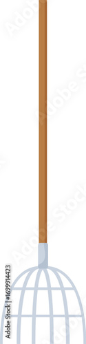 Harvesting tool featuring a wooden handle and wire basket, ideal for efficiently gathering nuts during harvest season