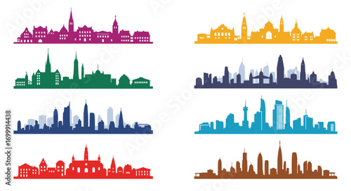 Collection of colorful cityscape silhouettes representing urban skylines