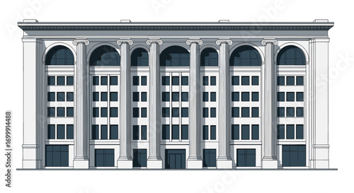 Elegant white building facade with arched windows and columnar details