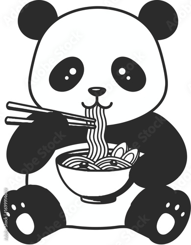 Black and white silhouette of a panda eating noodles with chopsticks bear animal